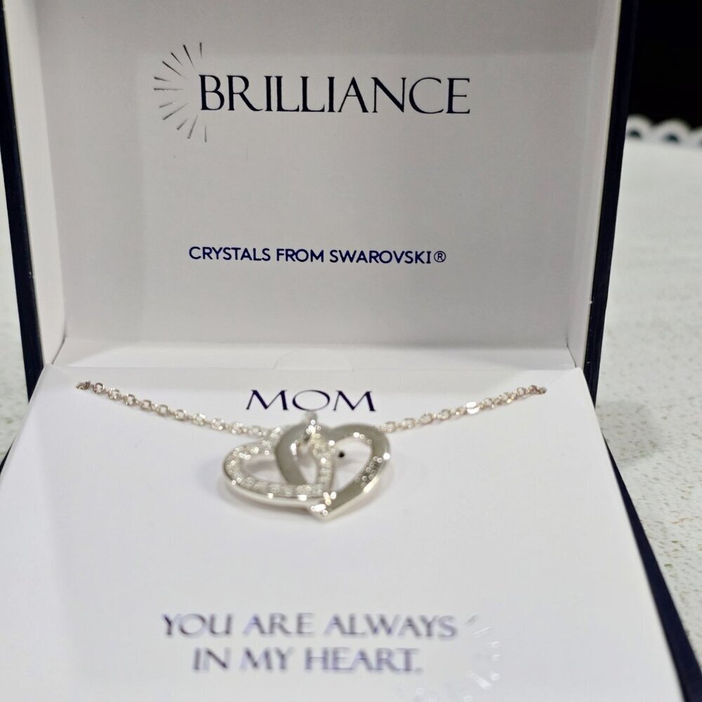 Sterling Silver ✦ Mom Double Heart Necklace ✦ Swarovski Crystal Pendant 18" NWT - Picture 5 of 7